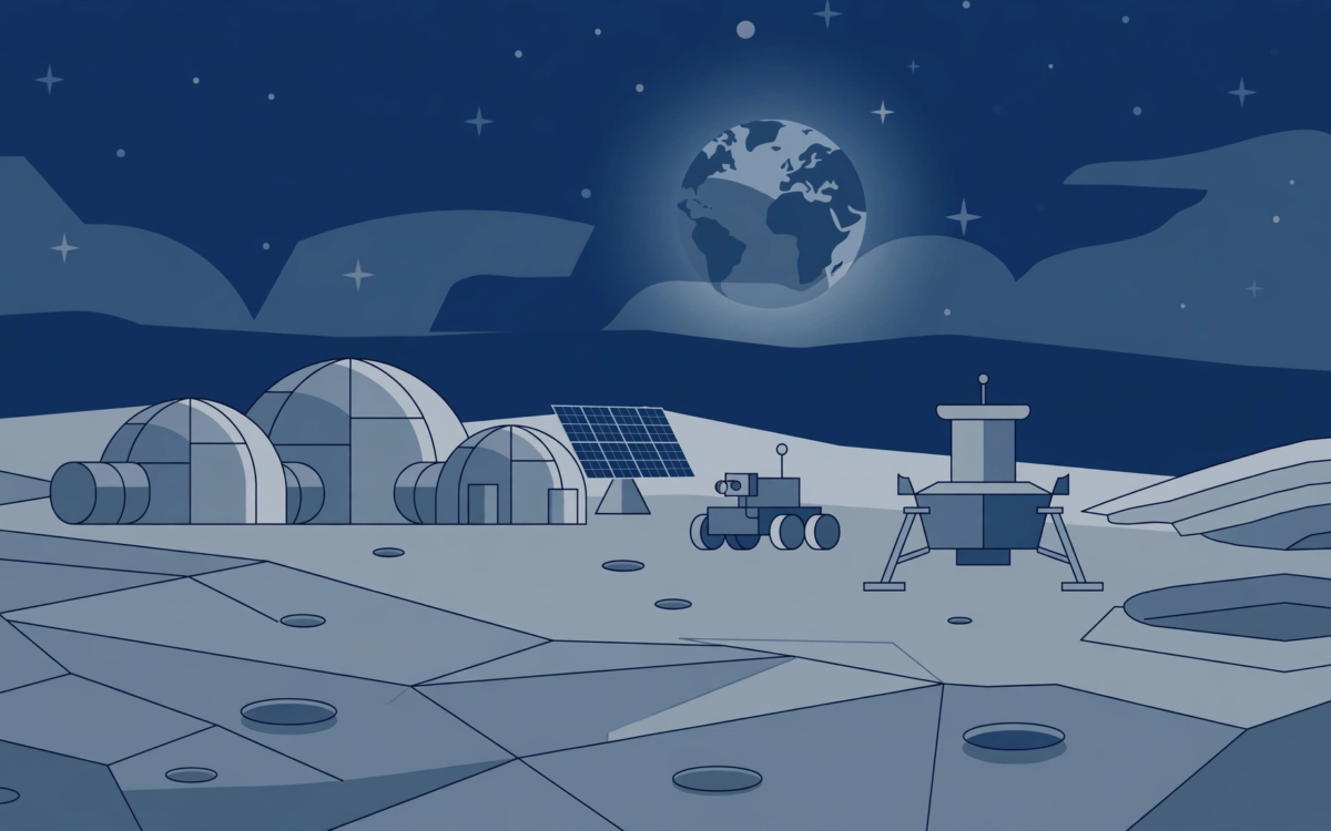 Illustration of a lunar base outpost near the Moon's south pole with Earth in the sky