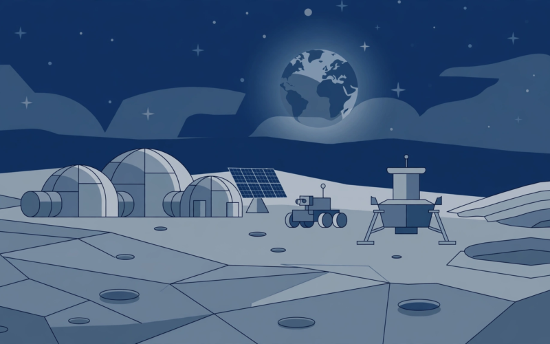 Illustration of a lunar base outpost near the Moon's south pole with Earth in the sky