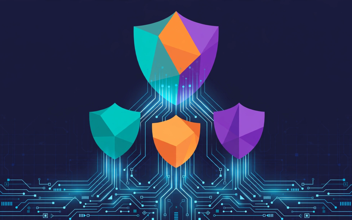 Illustration of three shields merging into one over a stylised AI circuit network