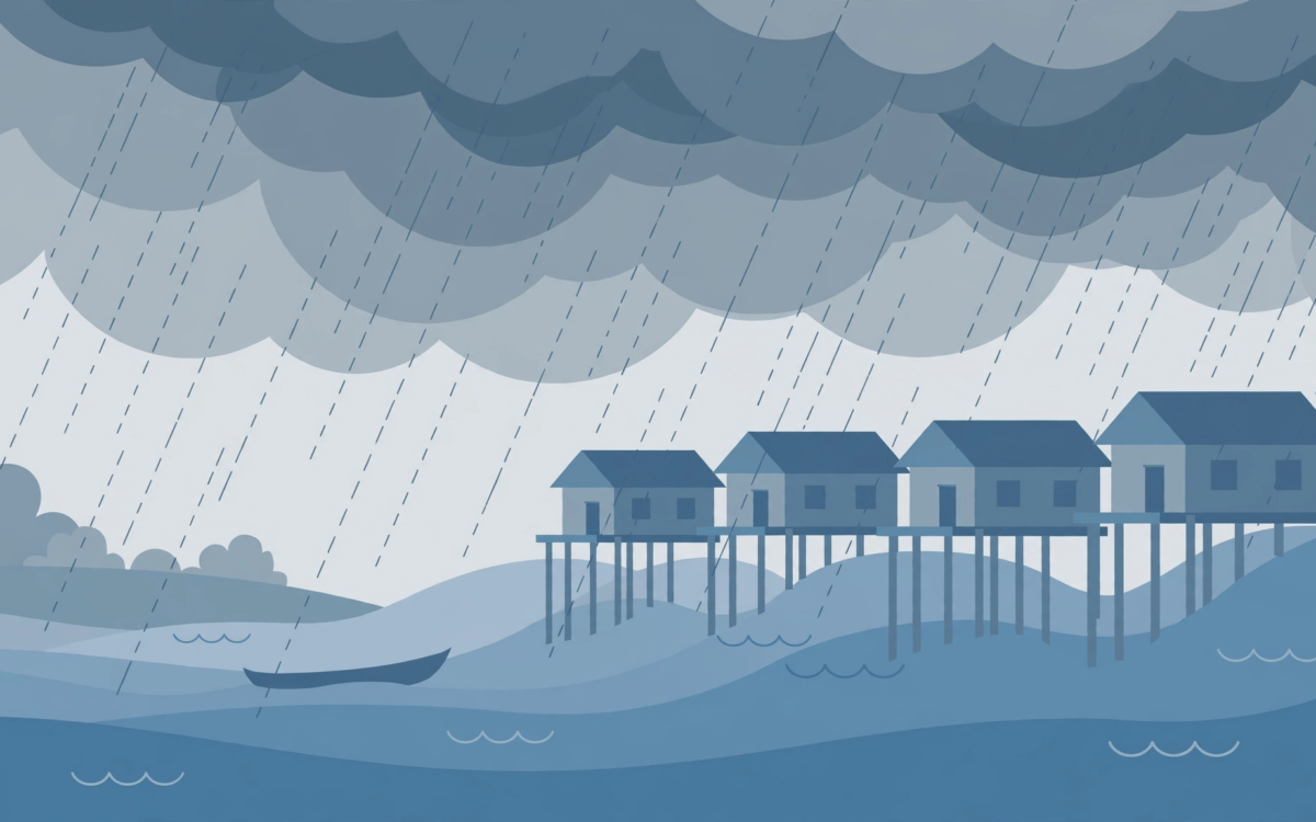 Illustration of monsoon rain over flooded riverside homes with a rescue boat