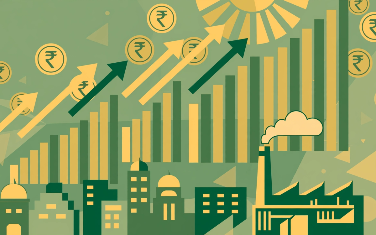 Illustration of rising growth charts and coins over an Indian city skyline
