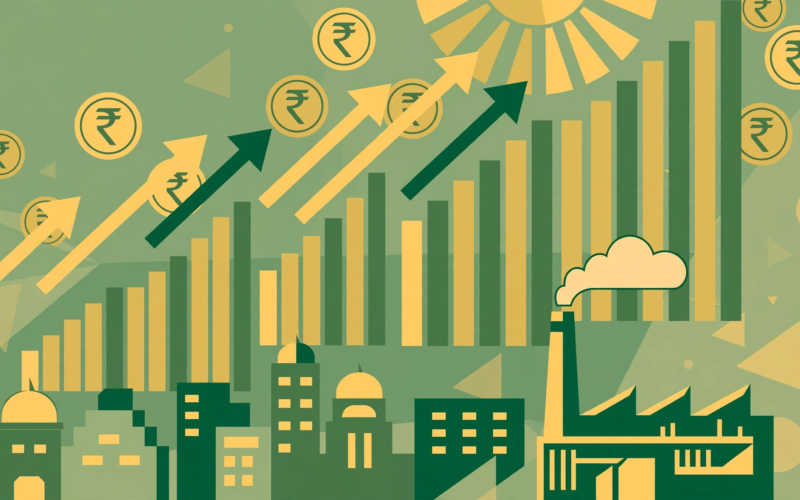 Illustration of rising growth charts and coins over an Indian city skyline