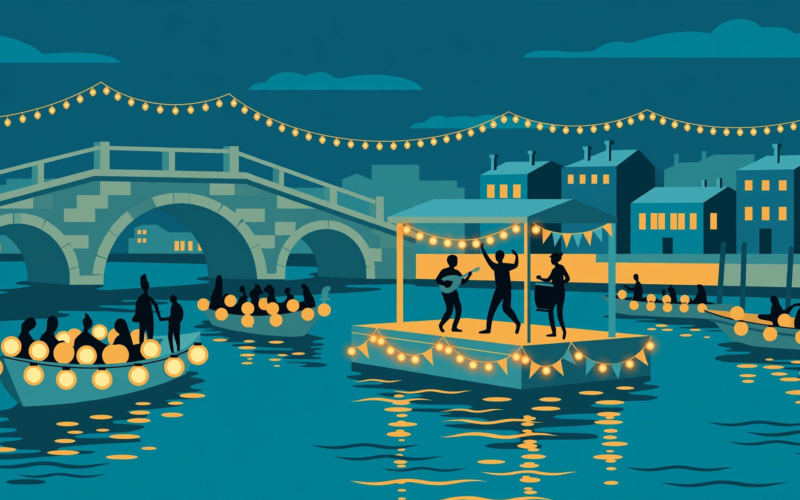 Illustration of lantern-lit festival boats on the Grand Canal at dusk