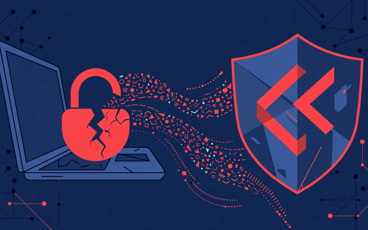 Illustration of a laptop with a cracked padlock and streams of data leaking out