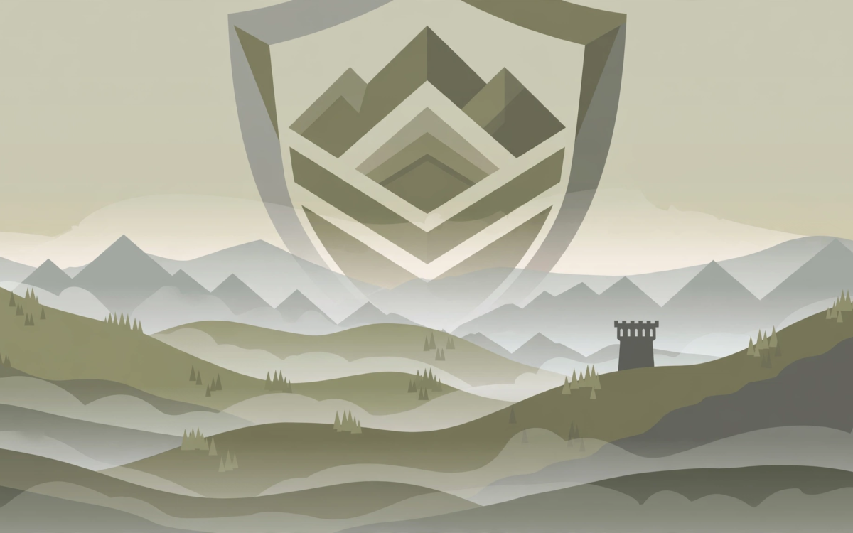 Illustration of a shield emblem over misty Himalayan foothills at dawn