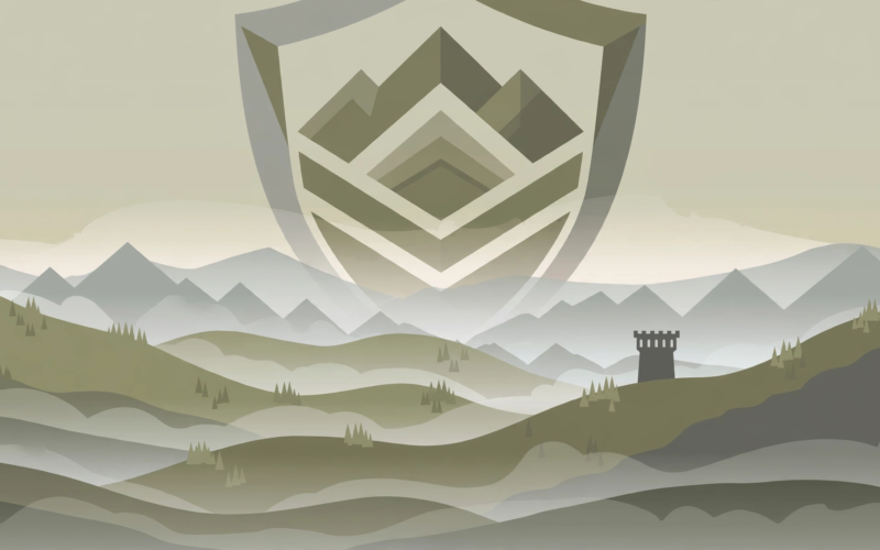 Illustration of a shield emblem over misty Himalayan foothills at dawn