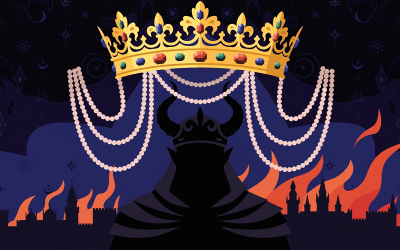 Illustration of a golden crown with gemstones and pearls over a dark royal backdrop, evoking Ravana