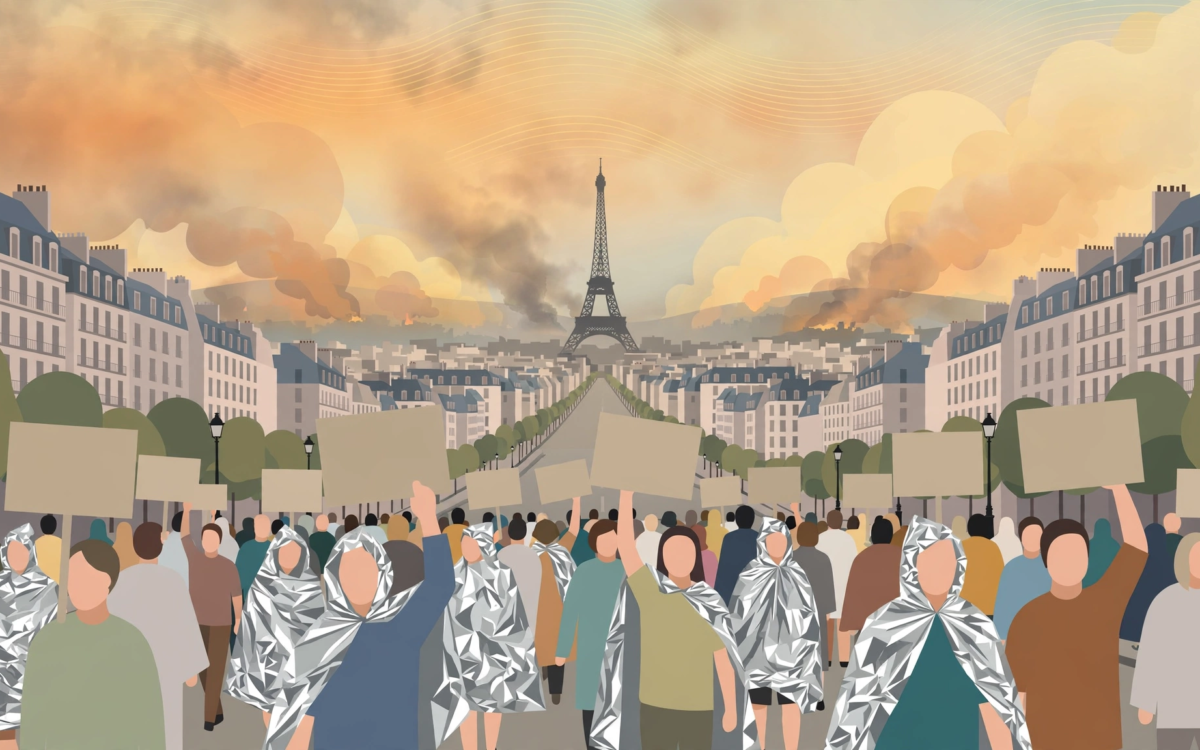 Illustrated crowd marching with blank placards and foil blankets through a Paris street in summer heat