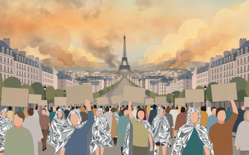 Illustrated crowd marching with blank placards and foil blankets through a Paris street in summer heat