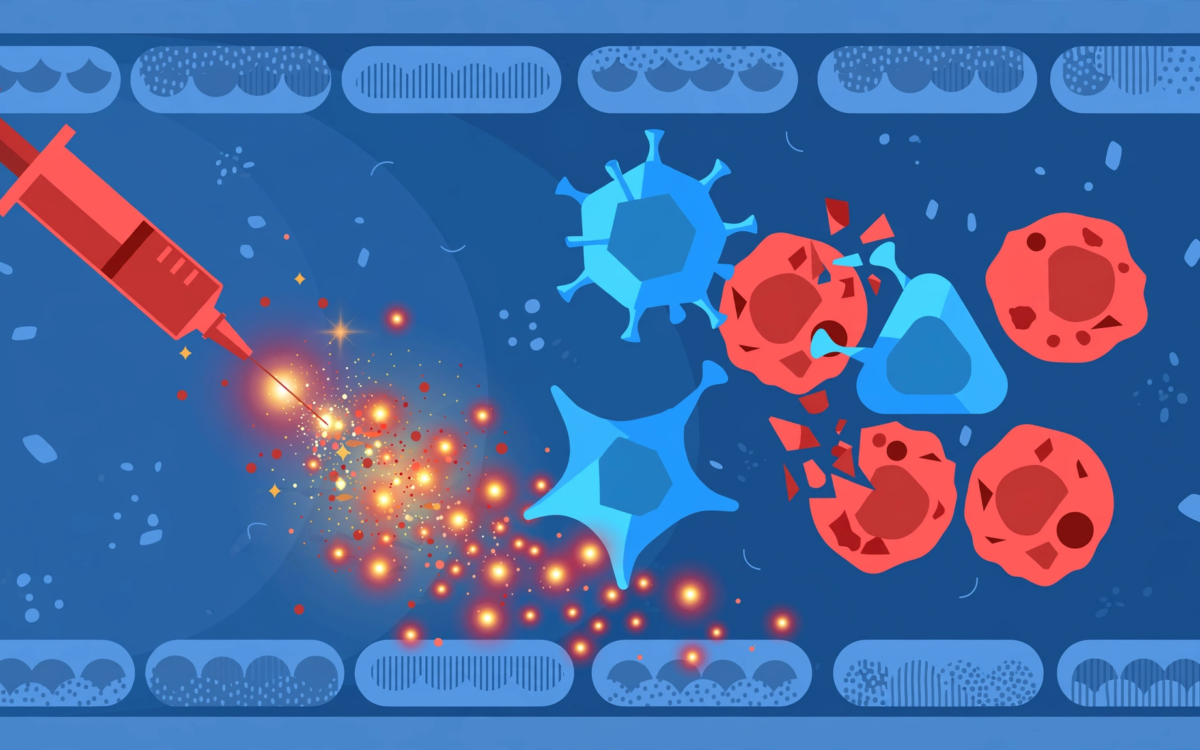 Illustration of immune cells targeting cancer cells inside a blood vessel after a single-dose CAR-T infusion