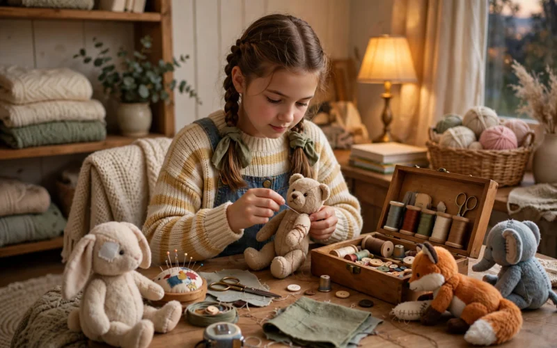 A volunteer repairs stuffed animals destined for children affected by home fires