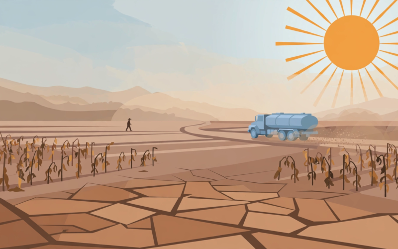Illustration of cracked dry farmland with withered crops and a lone farmer silhouette under a harsh sun