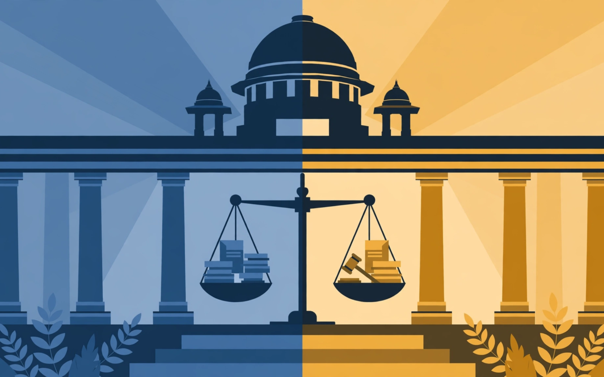 Illustration of scales of justice and the Supreme Court dome, split down the middle in two halves