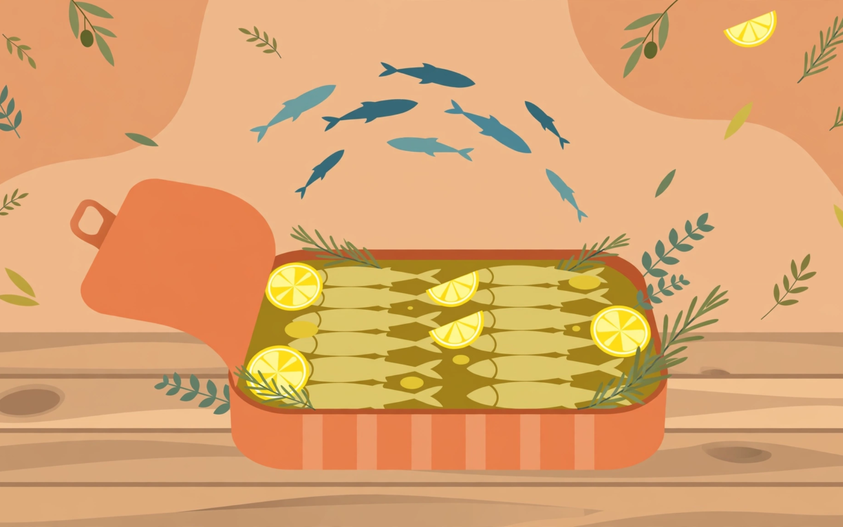 Illustration of an open tin of sardines with olive oil and lemon slices on a wooden table