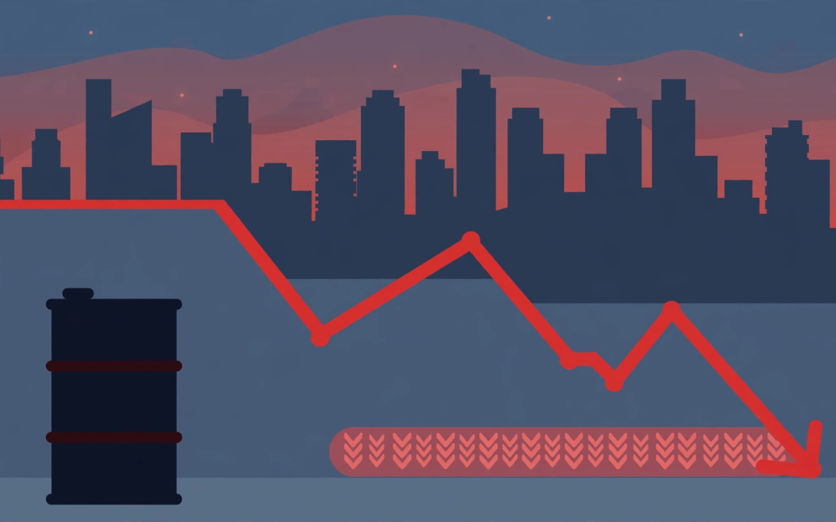 Editorial illustration of falling Nifty and Sensex charts beside an oil barrel