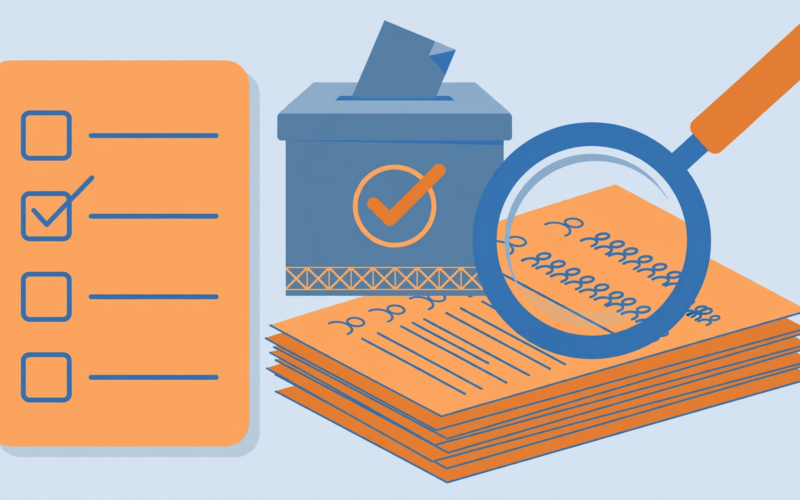 Illustration of a ballot box and magnifying glass over voter-list documents