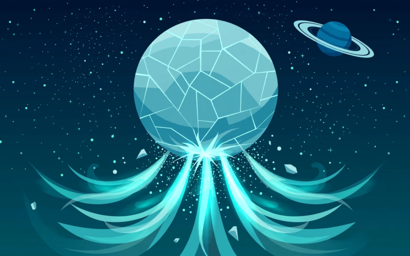 Illustration of Enceladus with icy plumes erupting from its south pole