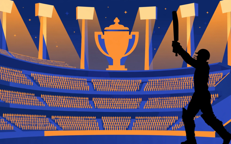 Illustration of a silhouetted batsman raising his bat in a floodlit stadium