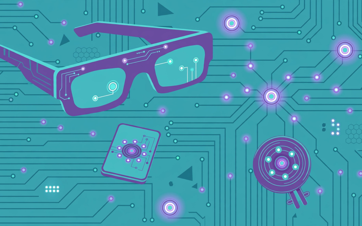 Illustration of AI smart glasses, a tiny phone and a wearable note-taker