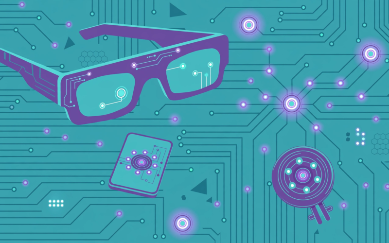 Illustration of AI smart glasses, a tiny phone and a wearable note-taker