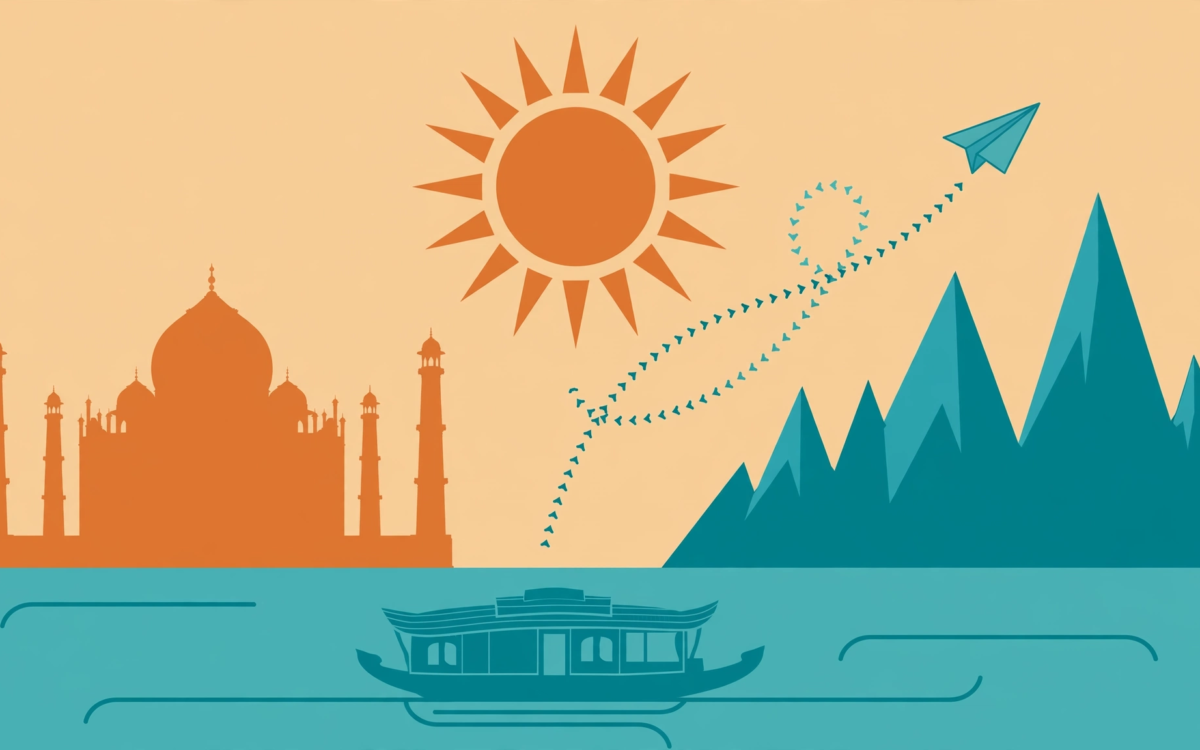 Illustration of Indian travel landmarks with a rising sun and airplane trail
