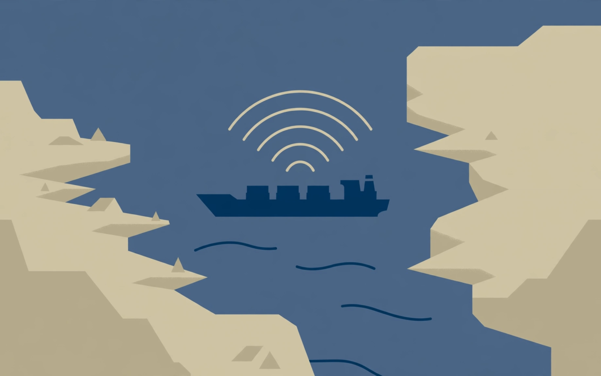 Illustration of cargo ships passing through a narrow strait under radar