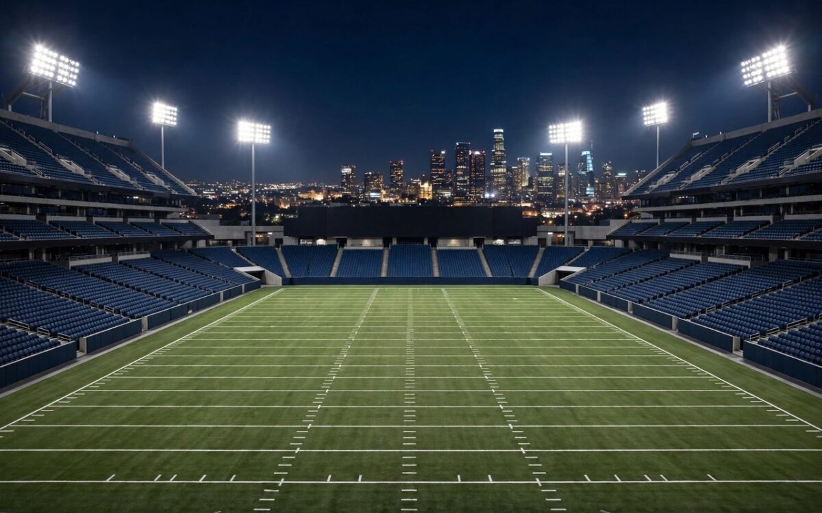 An American football stadium lit up at night during a game