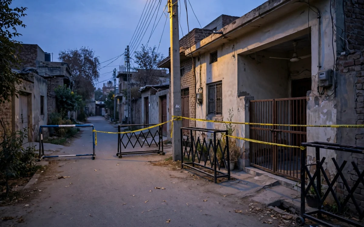 A quiet residential street in Punjab with police tape near the scene of an attack.