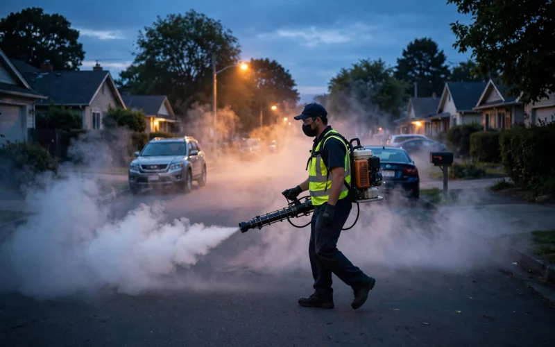 Health worker fogging a residential street for mosquitoes