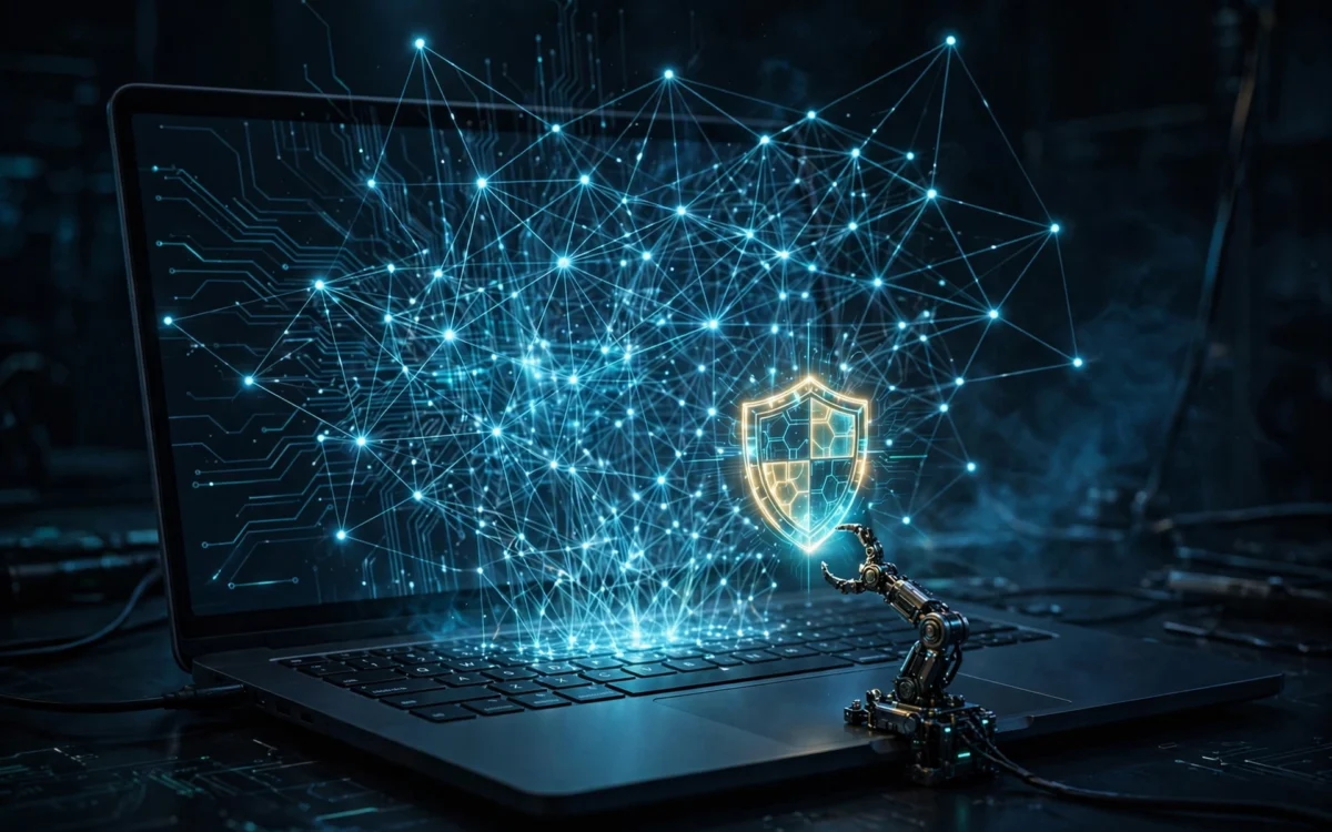 Laptop with network and cyber security illustration