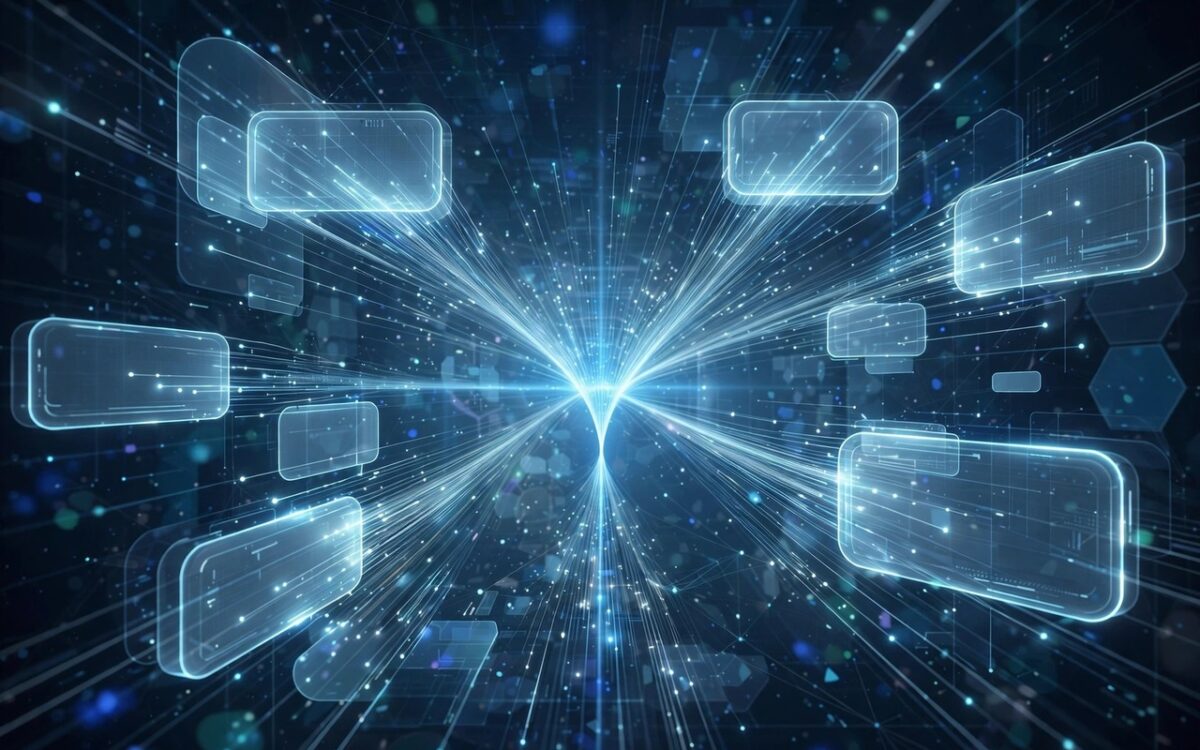 Abstract image of a glowing chatbot interface surrounded by converging information streams