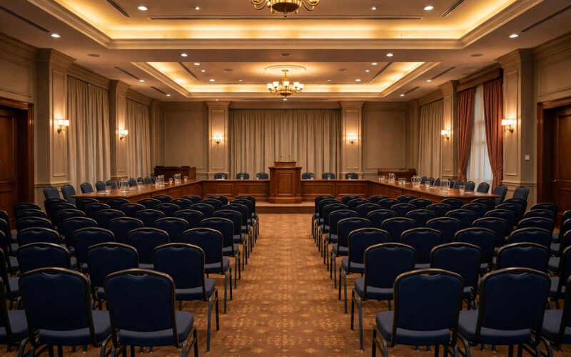 An empty conference hall with chairs and a podium set up for a political meeting.