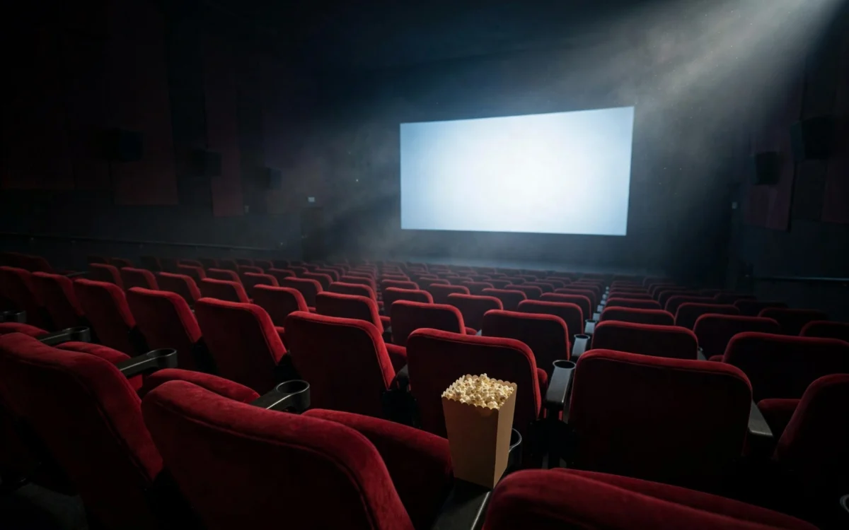 An empty dark movie theater with a glowing screen, rows of red seats and a popcorn box on an armrest.