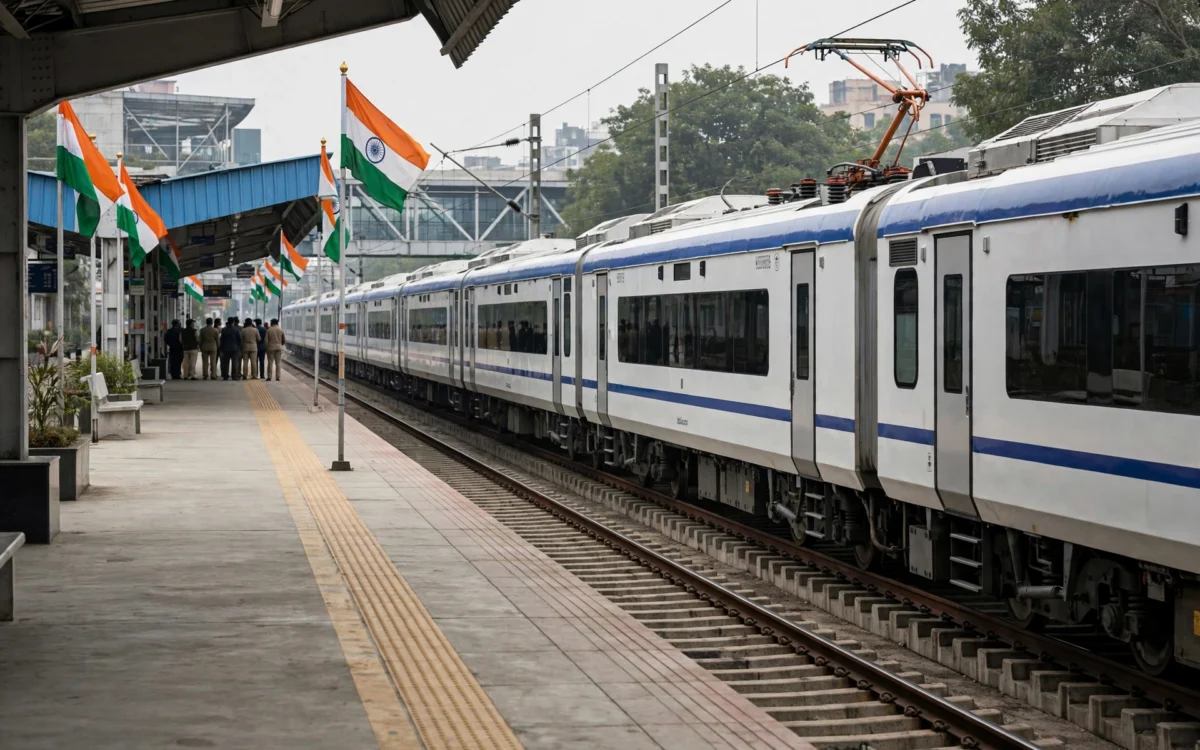 A photorealistic wide shot of a modern Indian passenger train at a station platform with flags and a small gathering of officials at a distance during daytime.