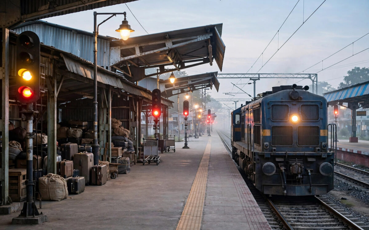 A diesel-electric locomotive at an Indian railway station at dawn, representing Gujarat's new rail upgrades.