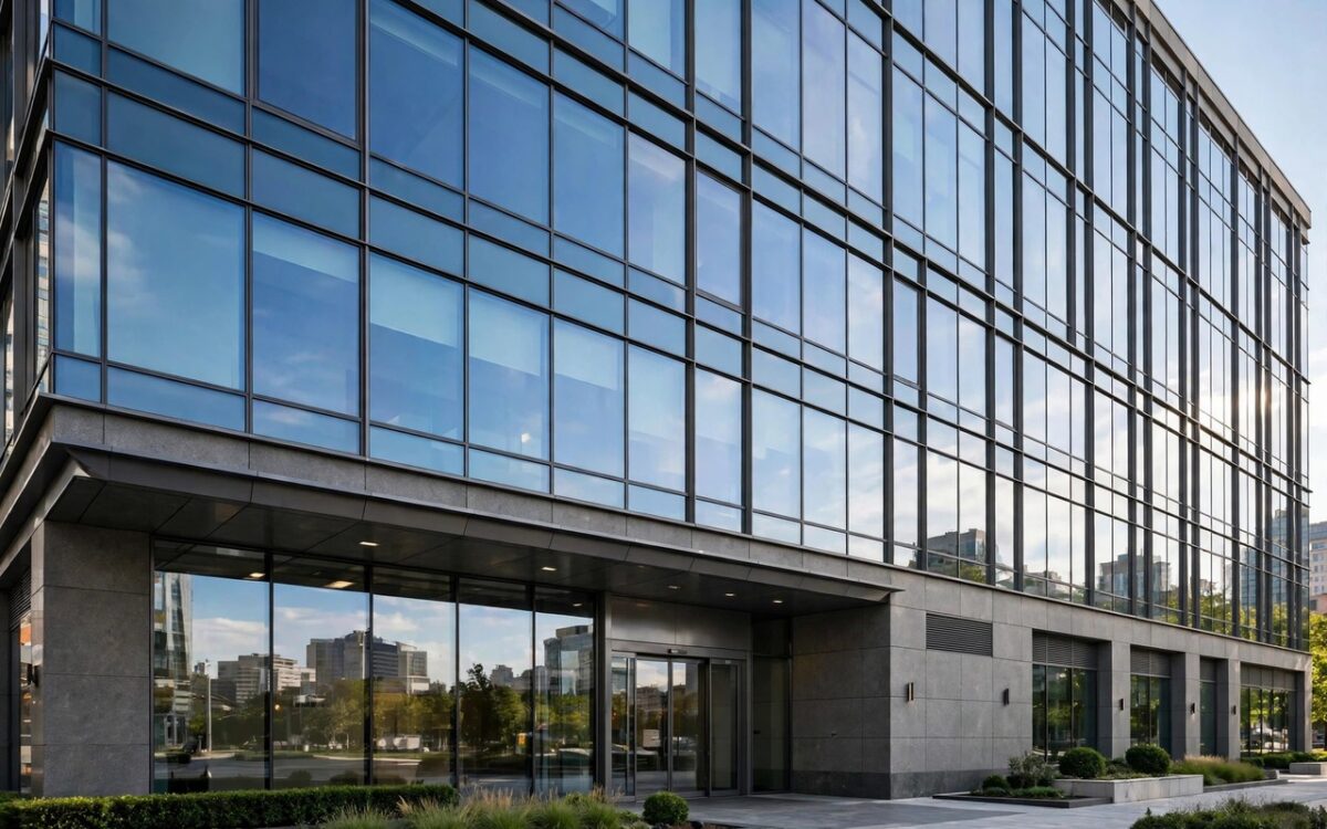 A modern bank building facade with glass windows.