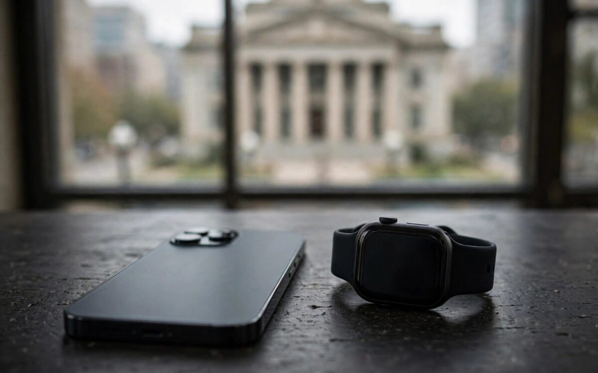 A smartphone and smartwatch on a desk with a blurred courthouse in the background