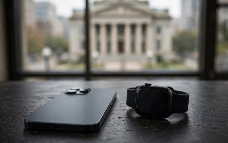 A smartphone and smartwatch on a desk with a blurred courthouse in the background