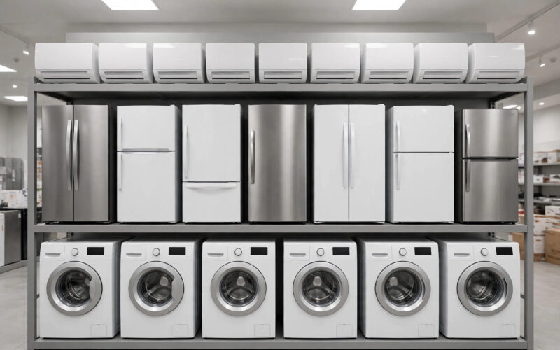 A showroom shelf lined with washing machines, refrigerators and air conditioners.