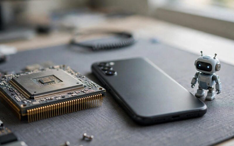 A computer chip beside a smartphone and robot on a desk, illustrating on-device AI development.