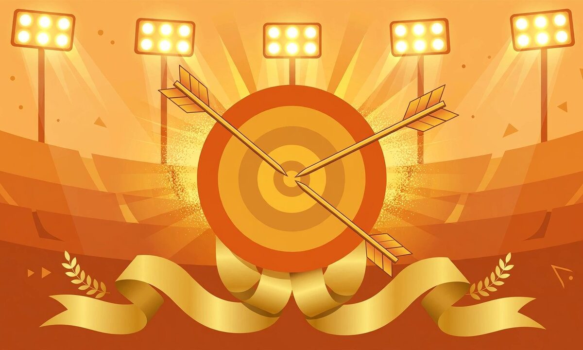 Editorial illustration of arrows hitting a target bullseye with gold medal ribbons