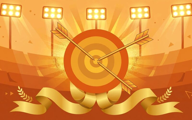 Editorial illustration of arrows hitting a target bullseye with gold medal ribbons