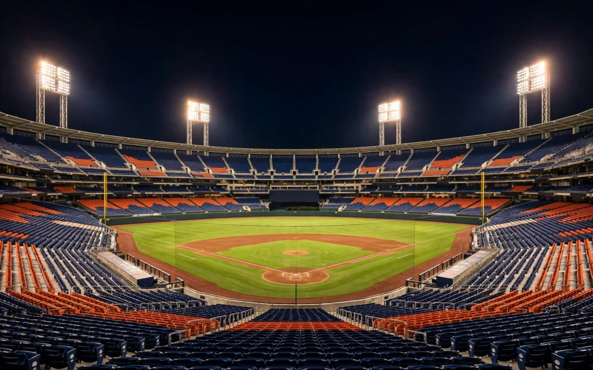 An empty Major League Baseball stadium at night under floodlights, with a green field and rows of navy and orange seats.