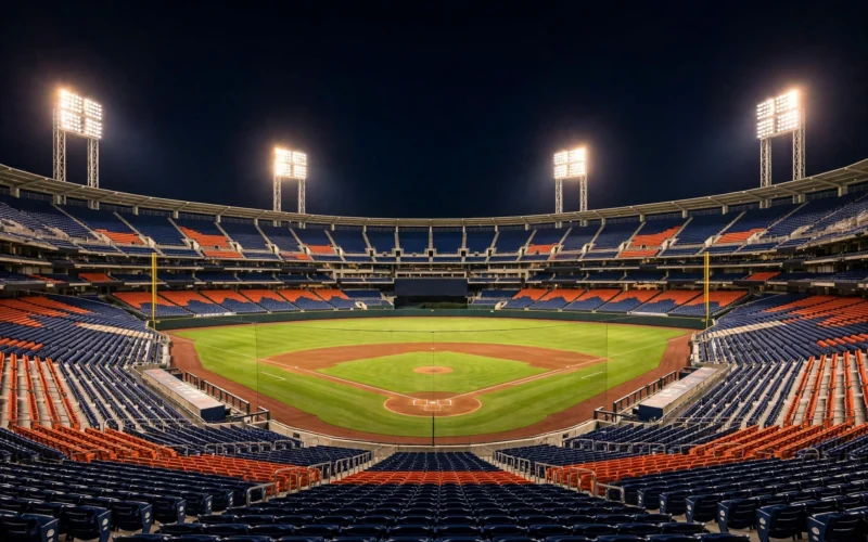 An empty Major League Baseball stadium at night under floodlights, with a green field and rows of navy and orange seats.