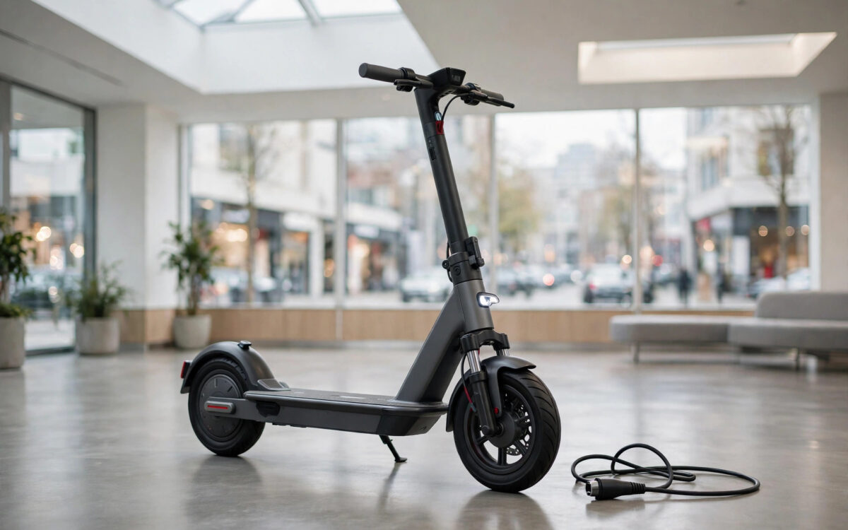 A generic electric scooter on display in a bright showroom with a city street visible through the windows.