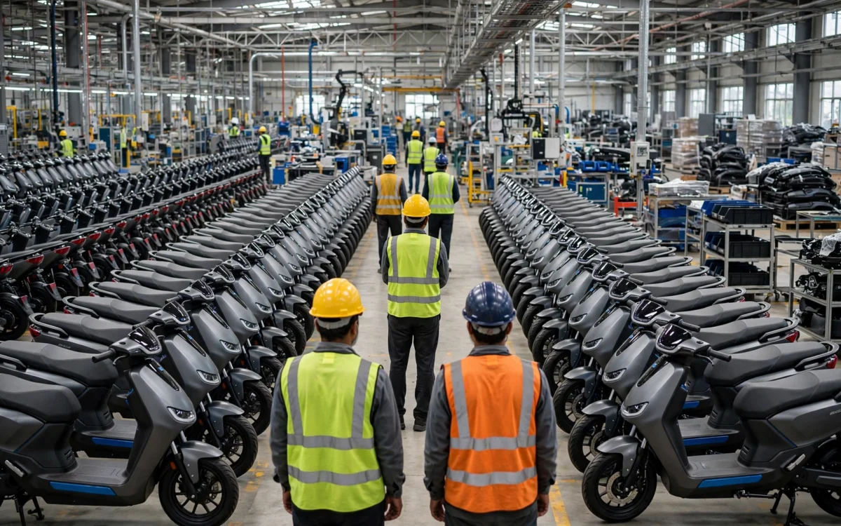 A modern electric scooter assembly line with workers and rows of finished scooters, conveying growth in India's EV industry.