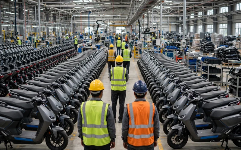 A modern electric scooter assembly line with workers and rows of finished scooters, conveying growth in India's EV industry.
