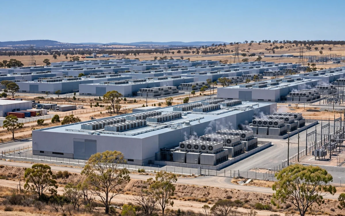 Data centre buildings with cooling infrastructure in an Australian industrial area
