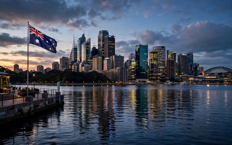 The Sydney harbour skyline at dusk with the national flag and modern financial district buildings, symbolising Australia's federal budget outcome.