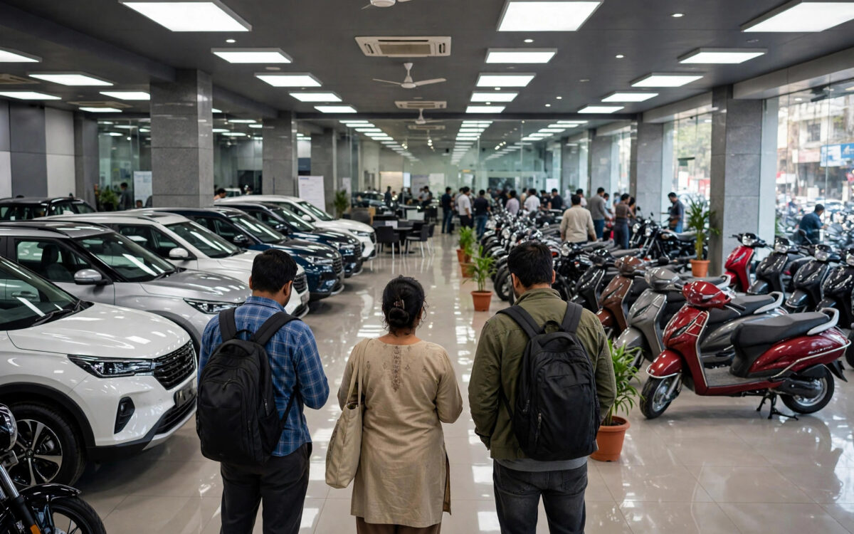 A busy dealership showroom in India with rows of new cars and two-wheelers.